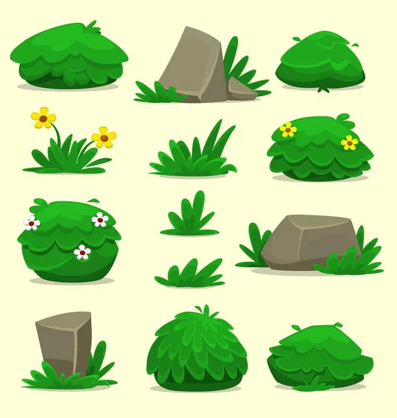 Set Bushes Flowers Stones Beige Background — Stock Vector