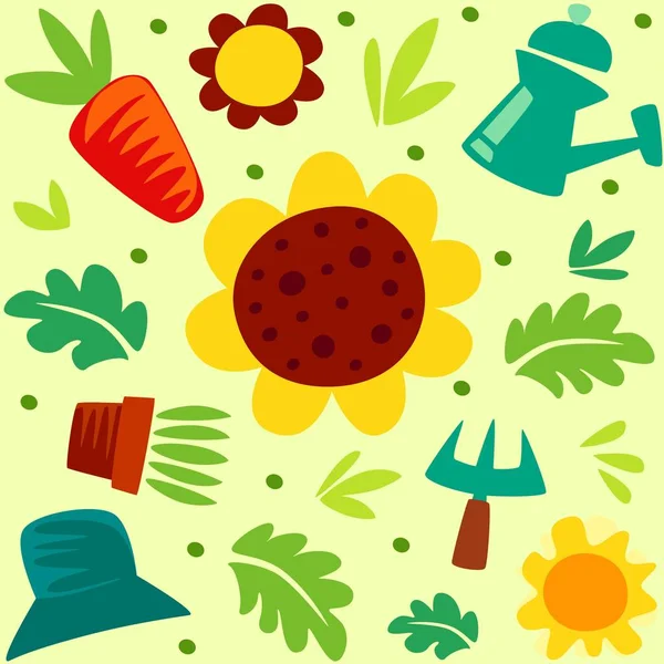 Colorful Banner Sunflower Leaves Pots Hat Carrot — Stock Vector
