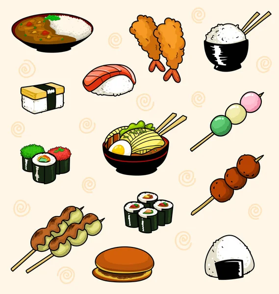 Nourriture Japonaise Dans Style Dessin Animé — Image vectorielle