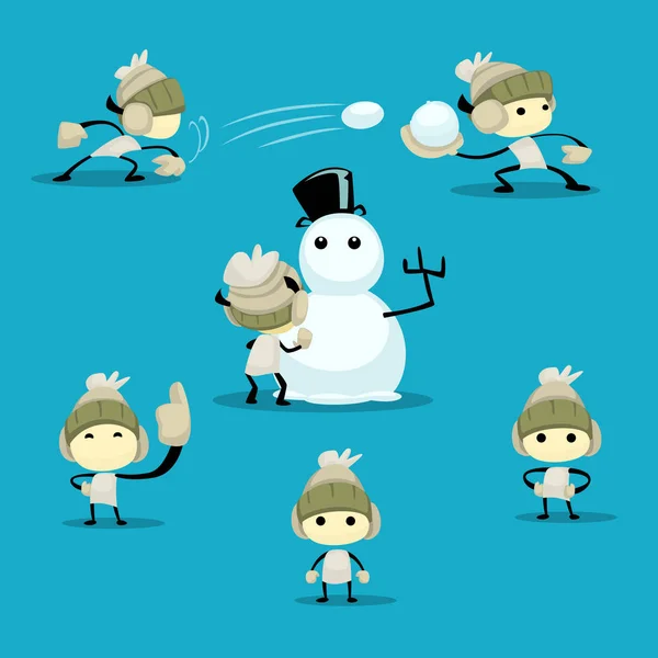 雪だるまを構築 雪で遊ぶ男の子たち — ストックベクタ