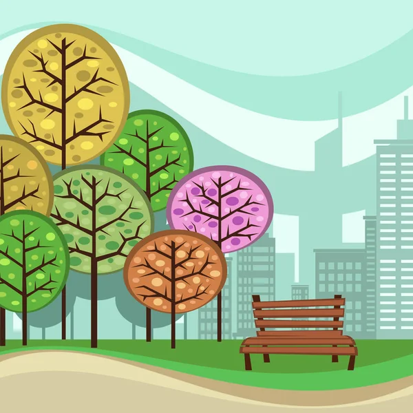 Parque Com Árvores Coloridas Banco Cidade Segundo Plano —  Vetores de Stock