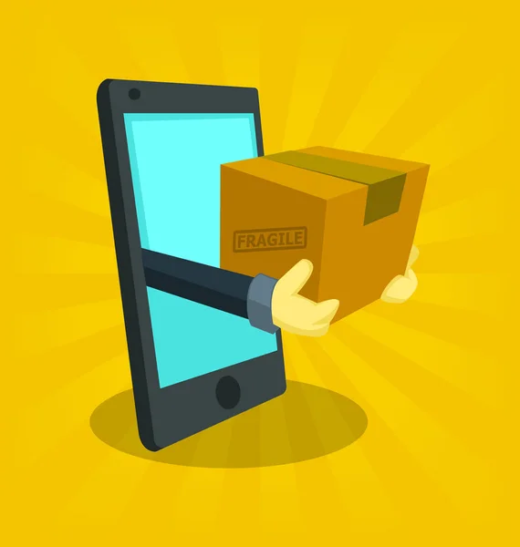 Online Nakupování Koncept Smartphone Drží Box — Stockový vektor