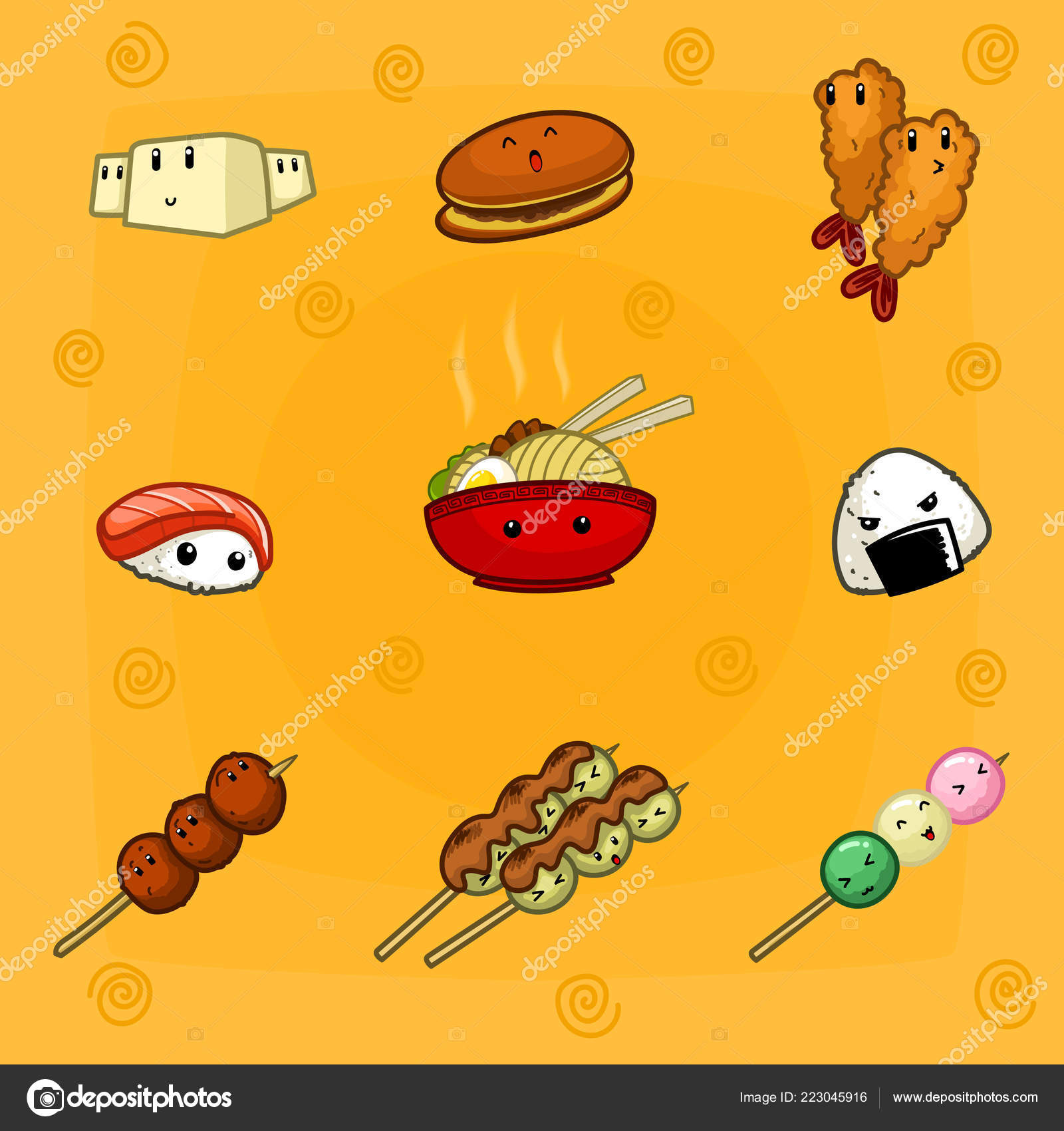 Comida japonesa, arroz en tazón, sushi y ramen Vector de stock por  ©klyaksun 464878078