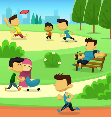 vektör çizgi film tatil şehir parkı Pazar sabah genç baba anne bebek ile sahnede, adam oturup tezgah, jogging, disk ve çocuk şekil çizim uçan