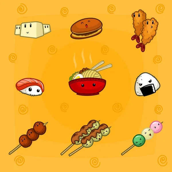 Vector Cartoon Comida Japonesa Com Arroz Sushi Lanche Ramen Desenho —  Vetores de Stock