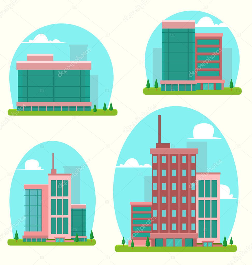 vector cartoon abstract flat city skyscraper building template collection set with silhouette sky cloud background and green park tree