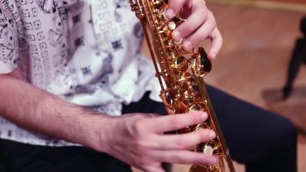 Man hands playing saxophone — Stock Video