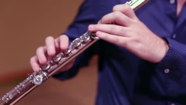 Professional Flutist Performing Stage Hands Close — Stock Video