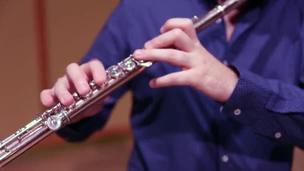Professional Flutist Performing Stage Hands Close — Stock Video