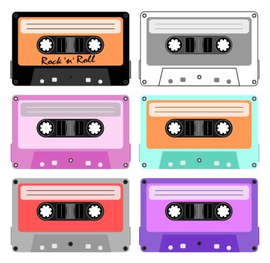 Ilustracao Vetor Cassette tape, colecao, conjunto, K7 Tapes, cassete, fitas k7, musica, retro, vintage, play, ouvir, toca fitas, tape, rainbow, arco iris, musica, anos 80,  music, stereo, mix tapes, obsoleto, hit, anos 90, dj, stereo, sets, conjunto clipart