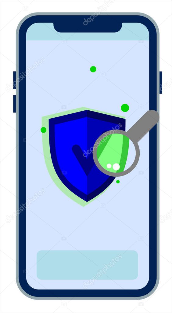 Ilustracao smartphone icone verificado, icon, verified, lupa, startup, simbolo, escudo, genuino, azul, negocios, rede social, instagram, twitter, facebook, logo, scan, scanner, varredura, antivirus, confiavel, internet, blog, digital influencer,verde