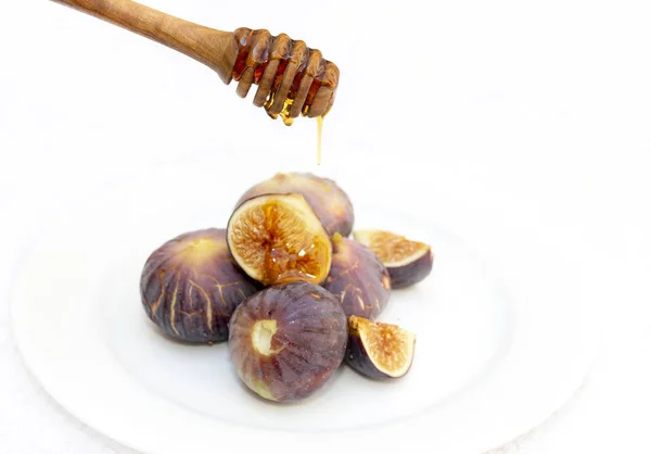 Honey Being Dribbled Fresh Greek Figs — Stock Photo, Image