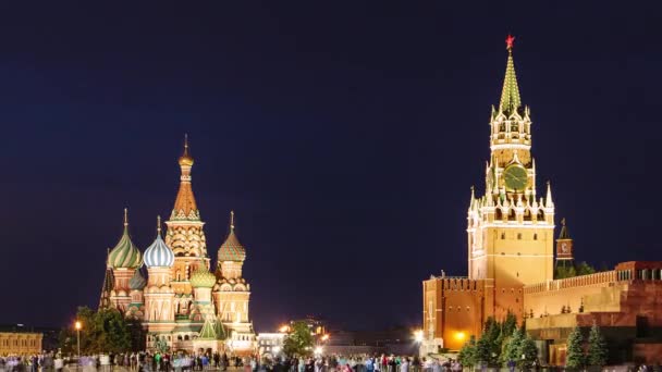 Timelapse Plaza Roja Catedral San Basilio Kremlin Por Noche Moscú — Vídeo de stock