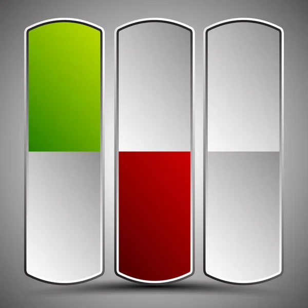 Pulsanti verticali, pulsanti di accensione. Stati verdi, rossi, e unpresse — Foto Stock