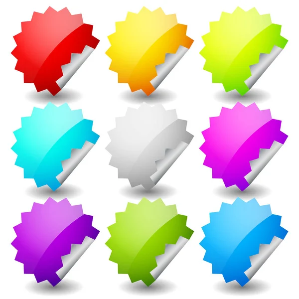 Pegatina Starburst forma conjunto en 9 colores. Vector vacío, en blanco sti —  Fotos de Stock