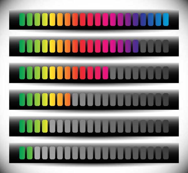 Color coded progress, level indicator with units.