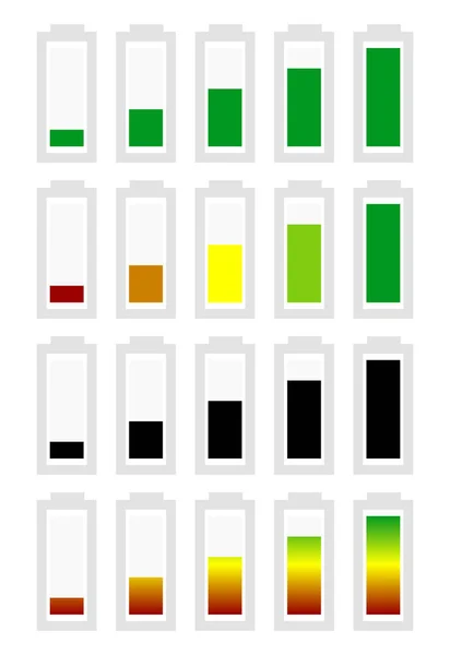 Batterij-symbool van de niveau-indicator van laag ingesteld op hoog. geen energie, — Stockfoto