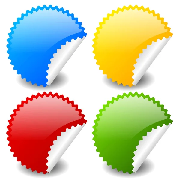 Starburst shapes as stickers in 4 colors, blue, yellow, red and — Stock Photo, Image