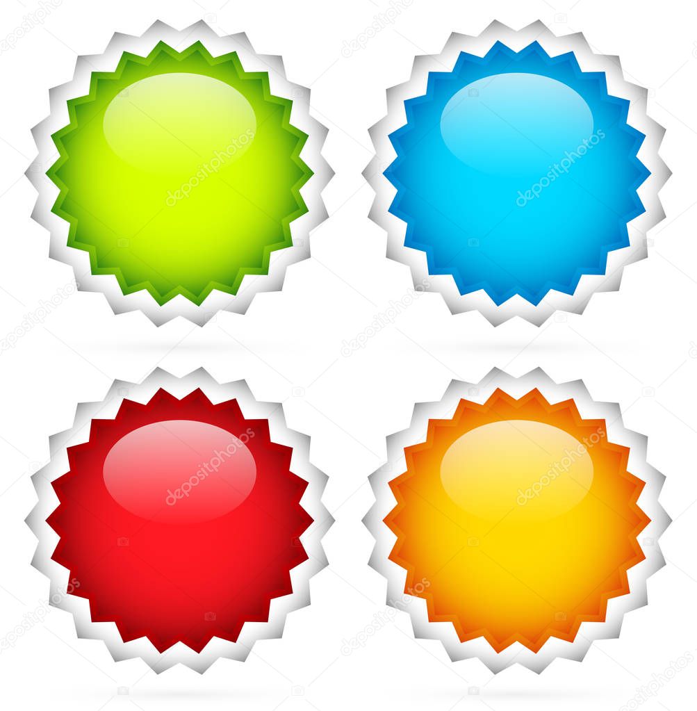 Colorful badges, starburst, flash shapes.