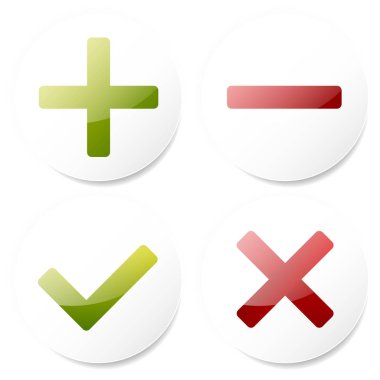 Beyaz onay işareti, çapraz, artı, eksi vektörler