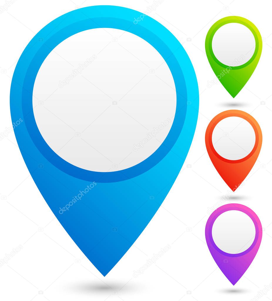 Bright, colorful map marker, map pin vector in 4 colors.