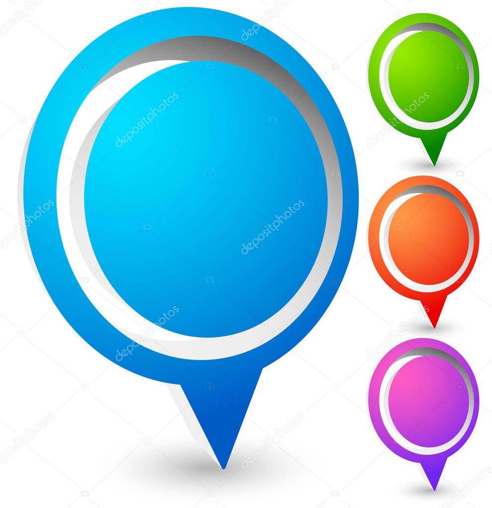 Bright, colorful map marker, map pin vector in 4 colors.
