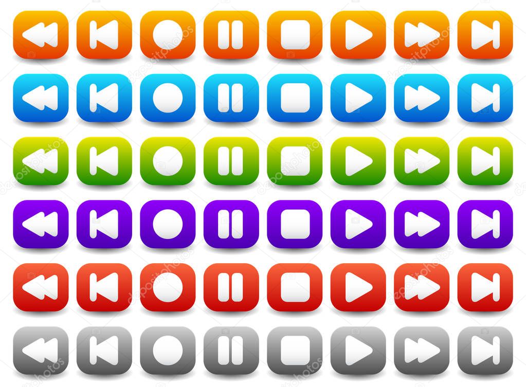 Multimedia, Audio - Video Player Control Buttons in Various Colo