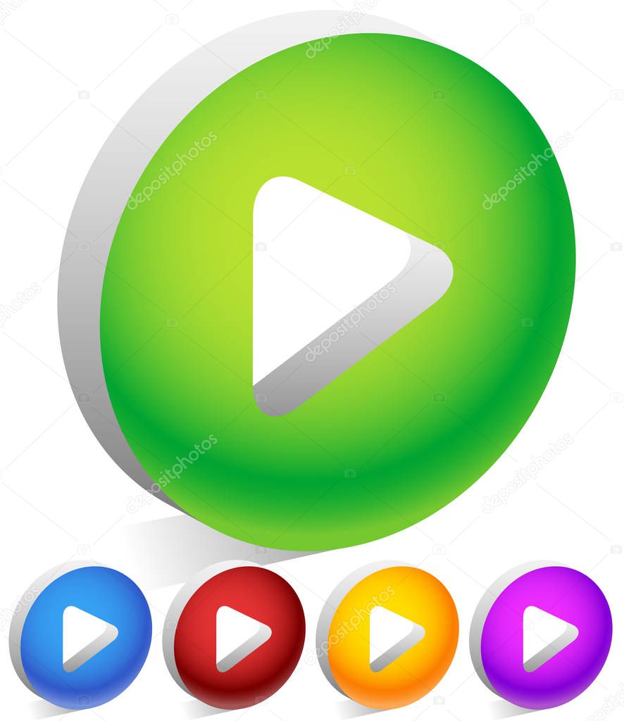 Play Button, Arrowhead Cut in 3D Circles with Transparent Shadow in Bright, Vivid Colors. Playback, Multimedia Concept, or Icon for Generic Use