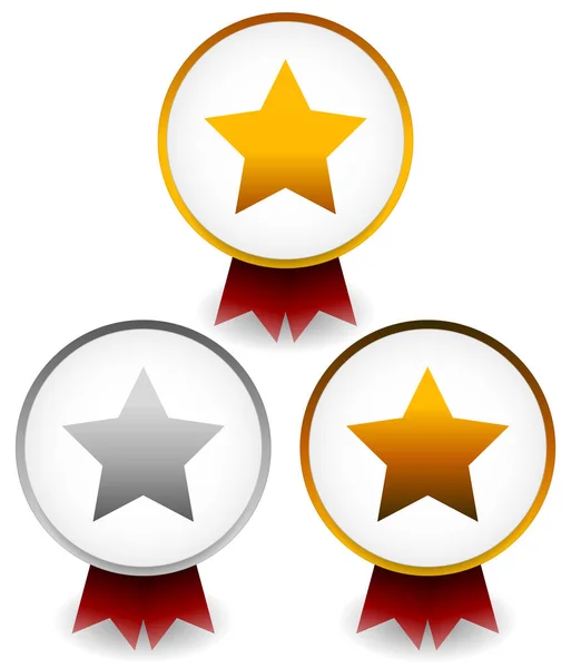 Golden, silver, bronze star badges with ribbons. Award, prize, c — Stock Photo, Image