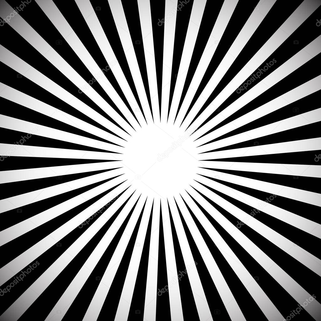 Abstract monochrome background with radiating beams, rays. Grays