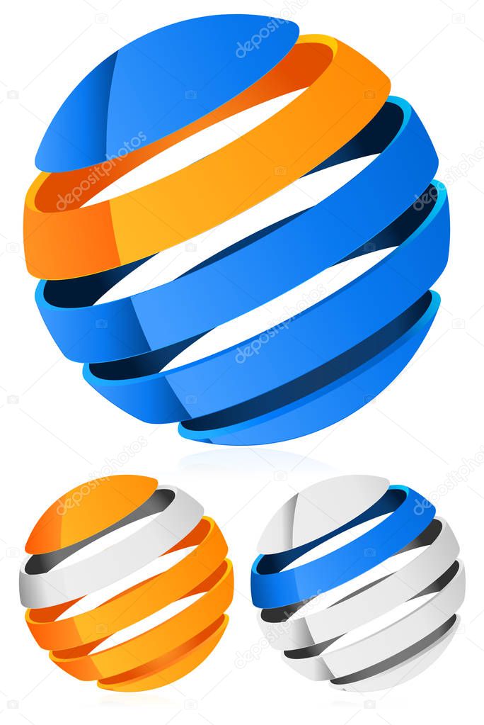 logos of abstract sphere. Striped 3d spheres, orbs.