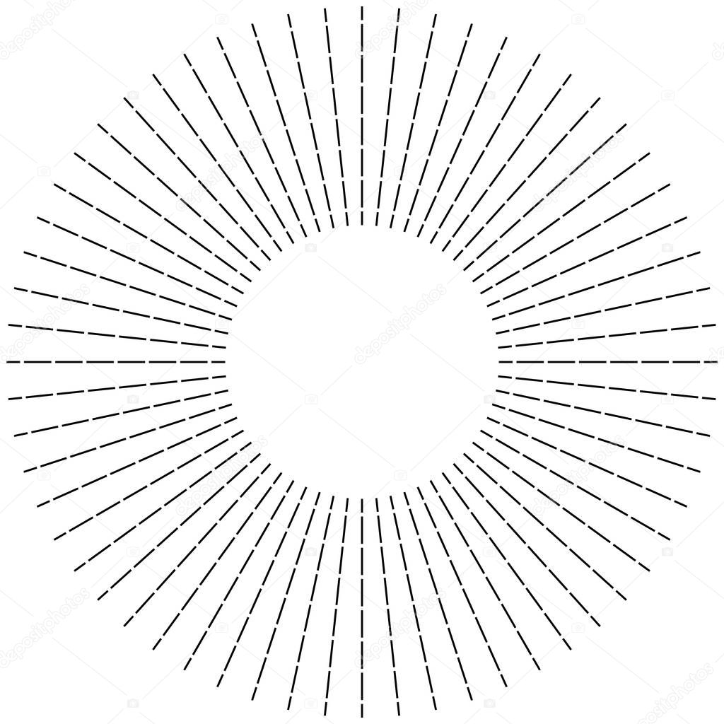 Radial ray, beam lines. Circular radiation stripes pattern. Glea