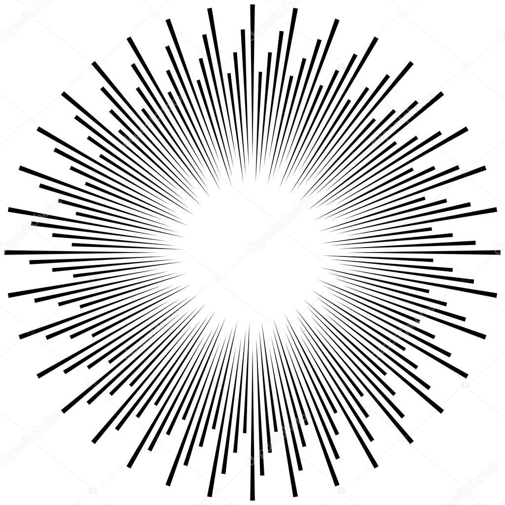 Radial ray, beam lines. Circular radiation stripes pattern. Glea