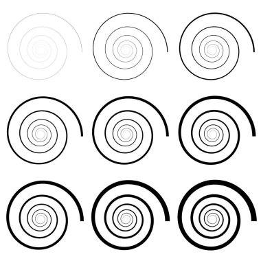 Soyut spiral, büküm. Radyal girdap, kıvrımlı, dalgalı çizgiler elemanı. Dairesel, eşmerkezli döngü deseni. Dön, girdap tasarımı. Kasırga, girdap illüstrasyon