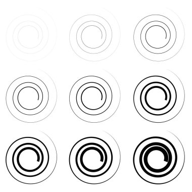 Soyut spiral, büküm. Radyal girdap, kıvrımlı, dalgalı çizgiler elemanı. Dairesel, eşmerkezli döngü deseni. Dön, girdap tasarımı. Kasırga, girdap illüstrasyon