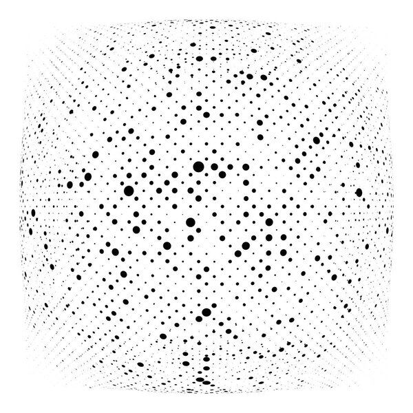 Half-tone dots. Dotted, circles pattern. Sphere, orb or globe distortion speckles. Diffuse radial, radiating bulge, bloat warp. Polka-dot inflate design. Abstract circles circular geometric pattern