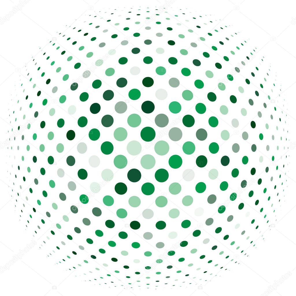 Half-tone dots, circles, dotted element. Sphere, orb or globe distortion speckles. Diffuse radial, radiating bloat, bulge warp. Polka-dot inflate design. Circular geometric pattern, abstract circles