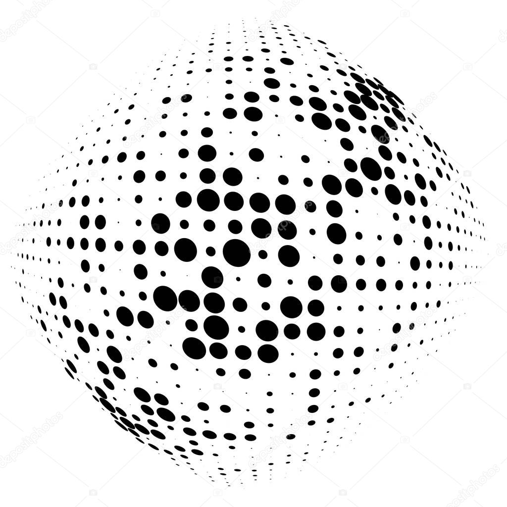 Half-tone dots. Dotted, circles pattern. Sphere, orb or globe distortion speckles. Diffuse radial, radiating bulge, bloat warp. Polka-dot inflate design. Abstract circles circular geometric pattern