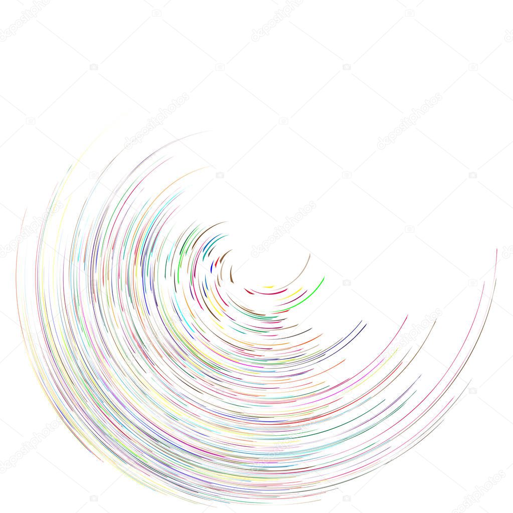 Detailed twirl, spiral element. Whirlpool, whirligig effect. Circular, rotating burst lines. Whirl radial spokes. Coil, twirl abstract shape