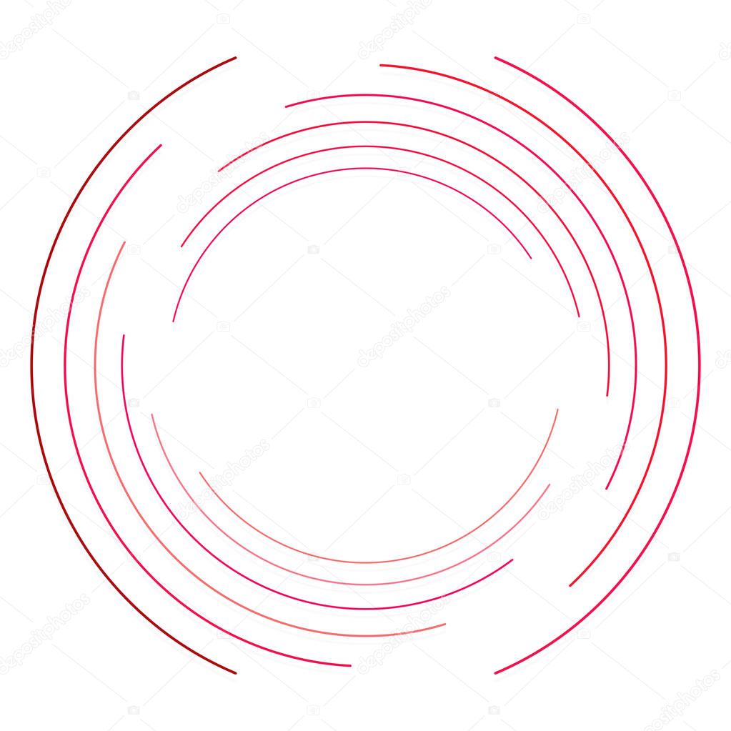 Abstract concentric circle. Spiral, swirl, twirl element. Circular and radial lines volute, helix. Segmented circle with rotation. Abstract radiating arc lines. Geometric cochlear, vortex illustration