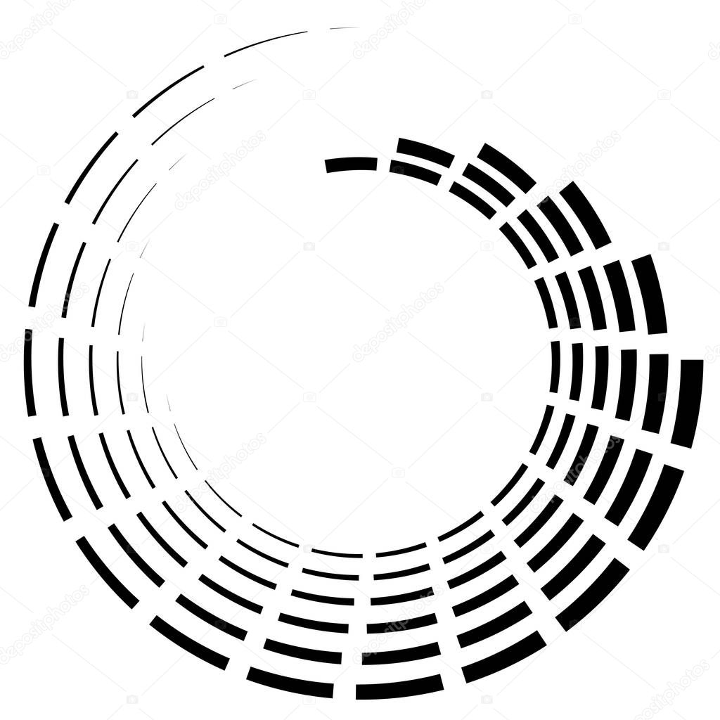 Segmented circle with rotation.Circular and radial Dashed lines volute, helix. Abstract concentric circle.Spiral, swirl, twirl element.   Radiating arc lines. Geometric cochlear, vortex illustration