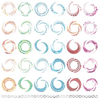 Segmented circle with rotation.Circular and radial Dashed lines volute, helix. Abstract concentric circle.Spiral, swirl, twirl element.   Radiating arc lines. Geometric cochlear, vortex illustration clipart