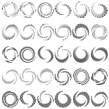 Döndürme ile bölümlenmiş daire. Dairesel ve radyal Kesikli çizgiler volute, sarkıt. Soyut eşmerkezli daire. Spiral, girdap, girdap elementi. Yay çizgileri yayan. Geometrik koklear, girdap illüstrasyon