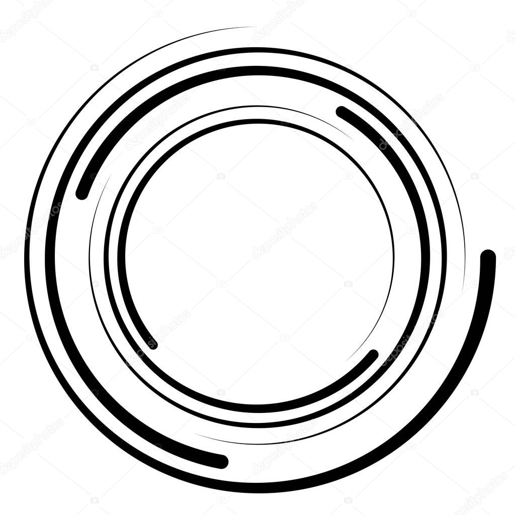 Abstract concentric circle. Spiral, swirl, twirl element. Circular and radial lines volute, helix. Segmented circle with rotation. Abstract radiating arc lines. Geometric cochlear, vortex illustration