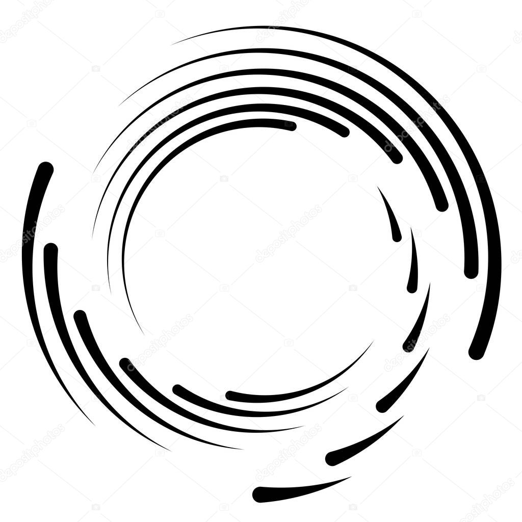 Abstract concentric circle. Spiral, swirl, twirl element. Circular and radial lines volute, helix. Segmented circle with rotation. Abstract radiating arc lines. Geometric cochlear, vortex illustration