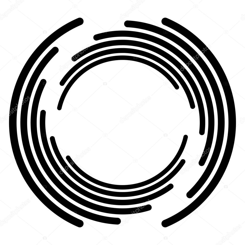 Abstract concentric circle. Spiral, swirl, twirl element. Circular and radial lines volute, helix. Segmented circle with rotation. Abstract radiating arc lines. Geometric cochlear, vortex illustration