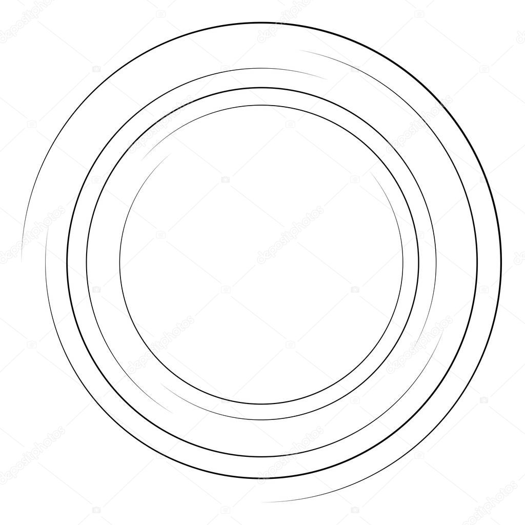 Abstract concentric circle. Spiral, swirl, twirl element. Circular and radial lines volute, helix. Segmented circle with rotation. Abstract radiating arc lines. Geometric cochlear, vortex illustration