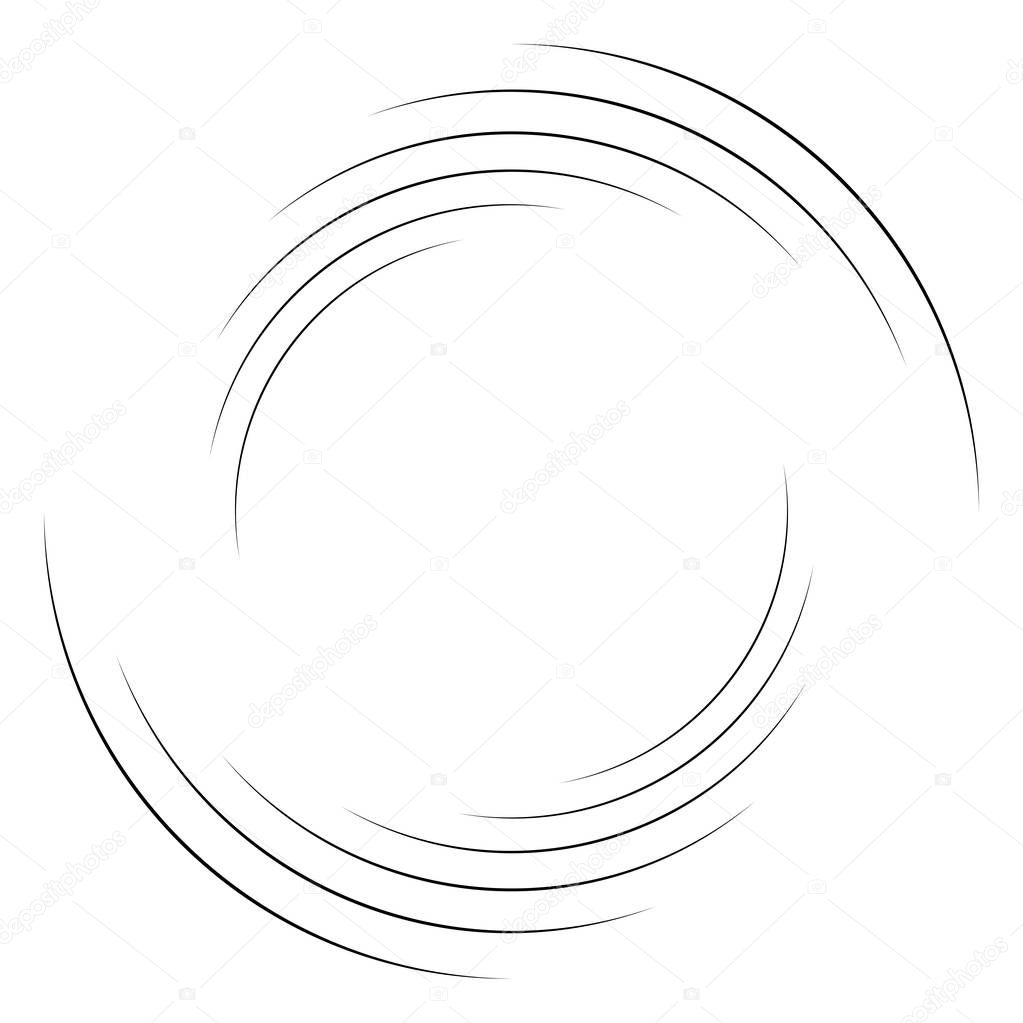 Abstract concentric circle. Spiral, swirl, twirl element. Circular and radial lines volute, helix. Segmented circle with rotation. Abstract radiating arc lines. Geometric cochlear, vortex illustration