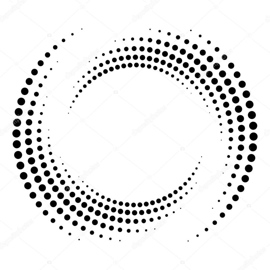 Dotted, dots, speckles abstract concentric circle. Spiral, swirl, twirl element.Circular and radial lines volute, helix.Segmented circle with rotation.Radiating arc lines.Cochlear, vortex illustration