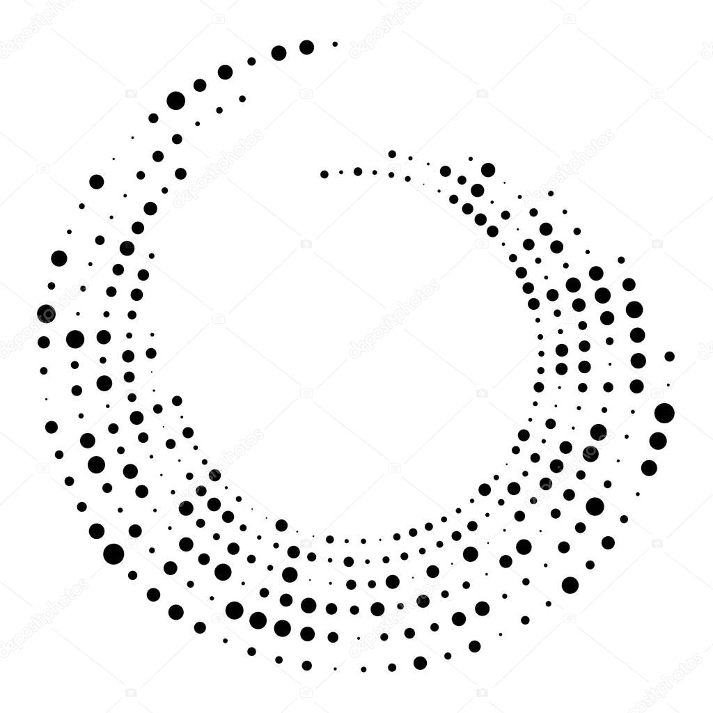 Random dotted, dots, halftone speckles concentric circle.Spiral, swirl, twirl element.Circular and radial lines volute, helix.Segmented circle with rotation.Radiating arc.Cochlear, vortex illustration